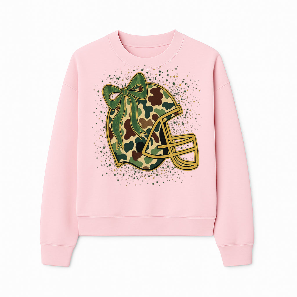 Camo Football Helmet with Bow Graphic Tee - Sports Apparel for Women, Cute Football Gift, Trendy Game Day Outfit - Sweatshirt 1758559981042.jpg