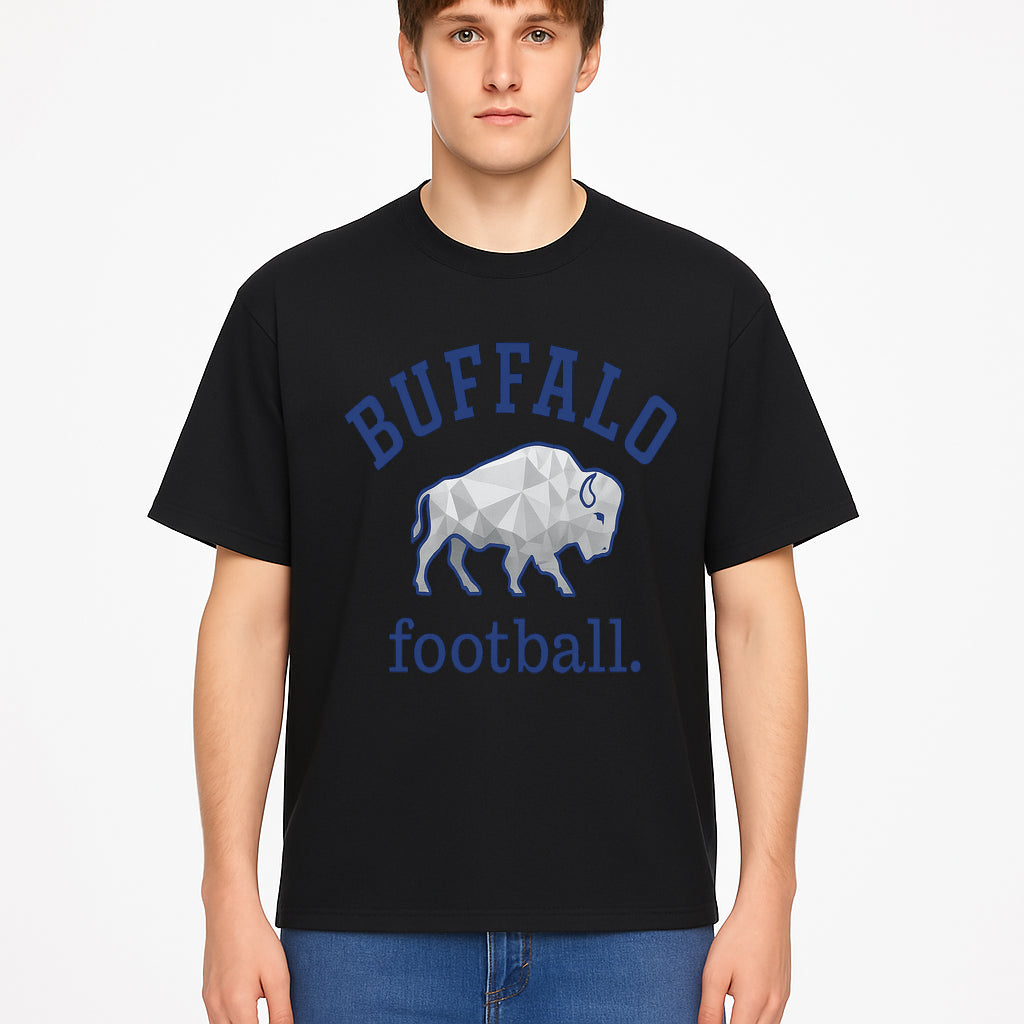 Buffalo Football Graphic T-Shirt, Geometric Bison Design, Sport Team Apparel, Casual Wear, Gift for Fans, Blue and White Themes - T-shirt 1758559981464.jpg