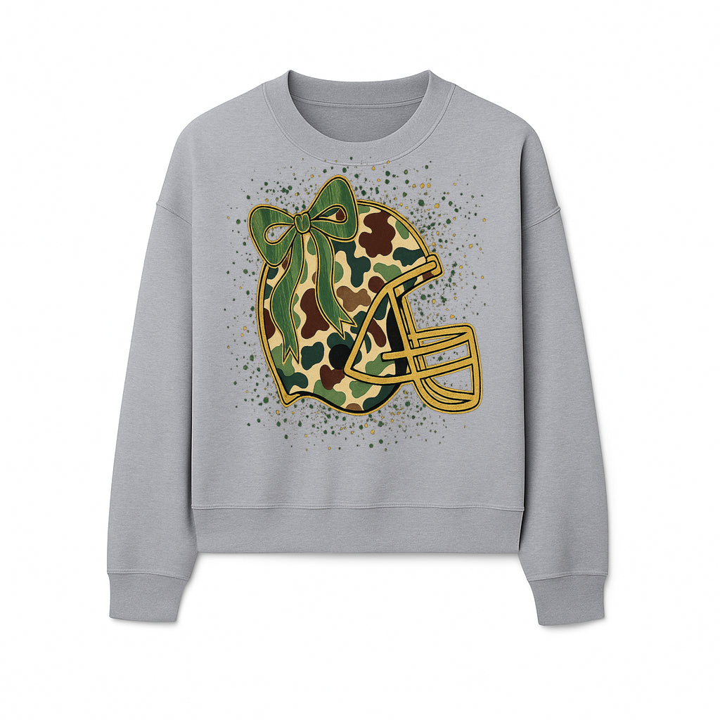 Camo Football Helmet with Bow Graphic Tee - Sports Apparel for Women, Cute Football Gift, Trendy Game Day Outfit - Sweatshirt 1758559981548.jpg