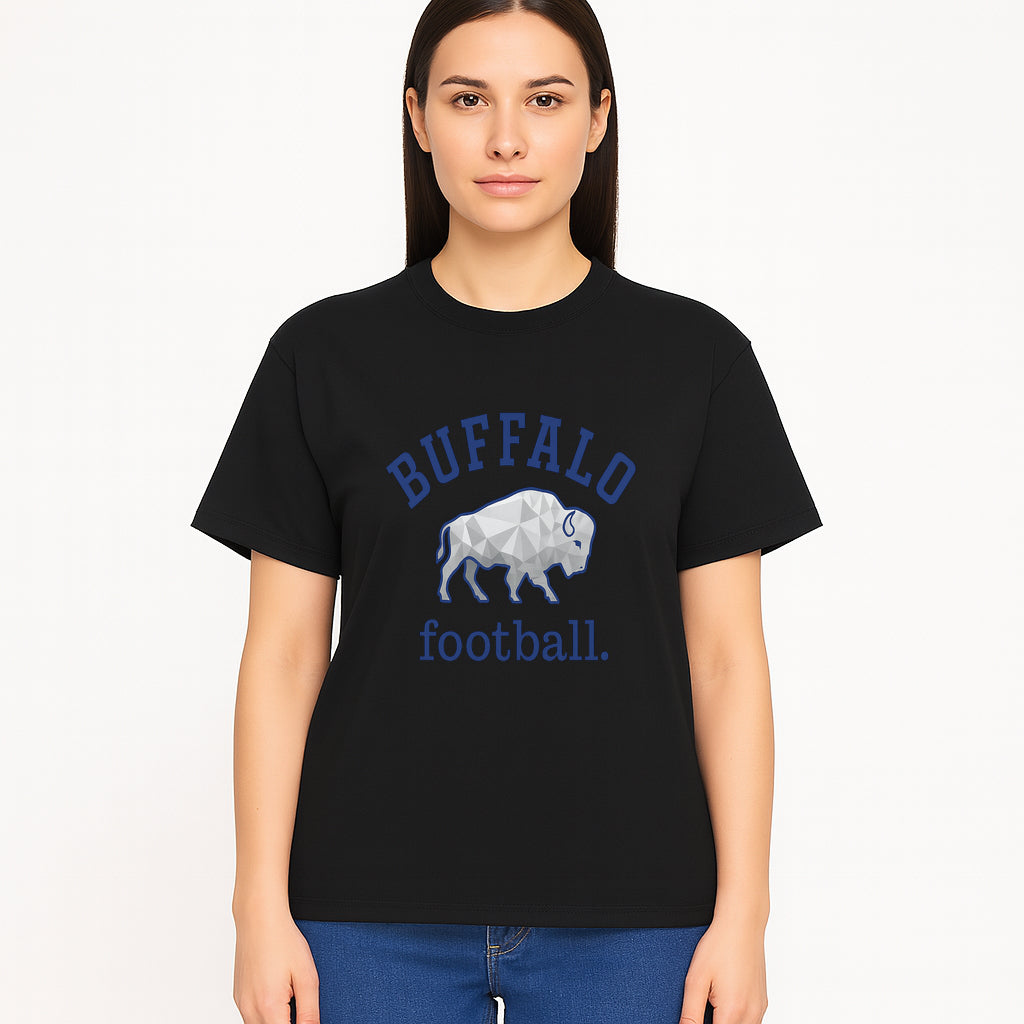 Buffalo Football Graphic T-Shirt, Geometric Bison Design, Sport Team Apparel, Casual Wear, Gift for Fans, Blue and White Themes - T-shirt 1758559981611.jpg