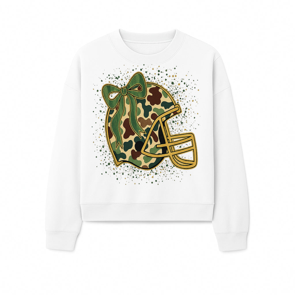 Camo Football Helmet with Bow Graphic Tee - Sports Apparel for Women, Cute Football Gift, Trendy Game Day Outfit - Sweatshirt 1758559981684.jpg