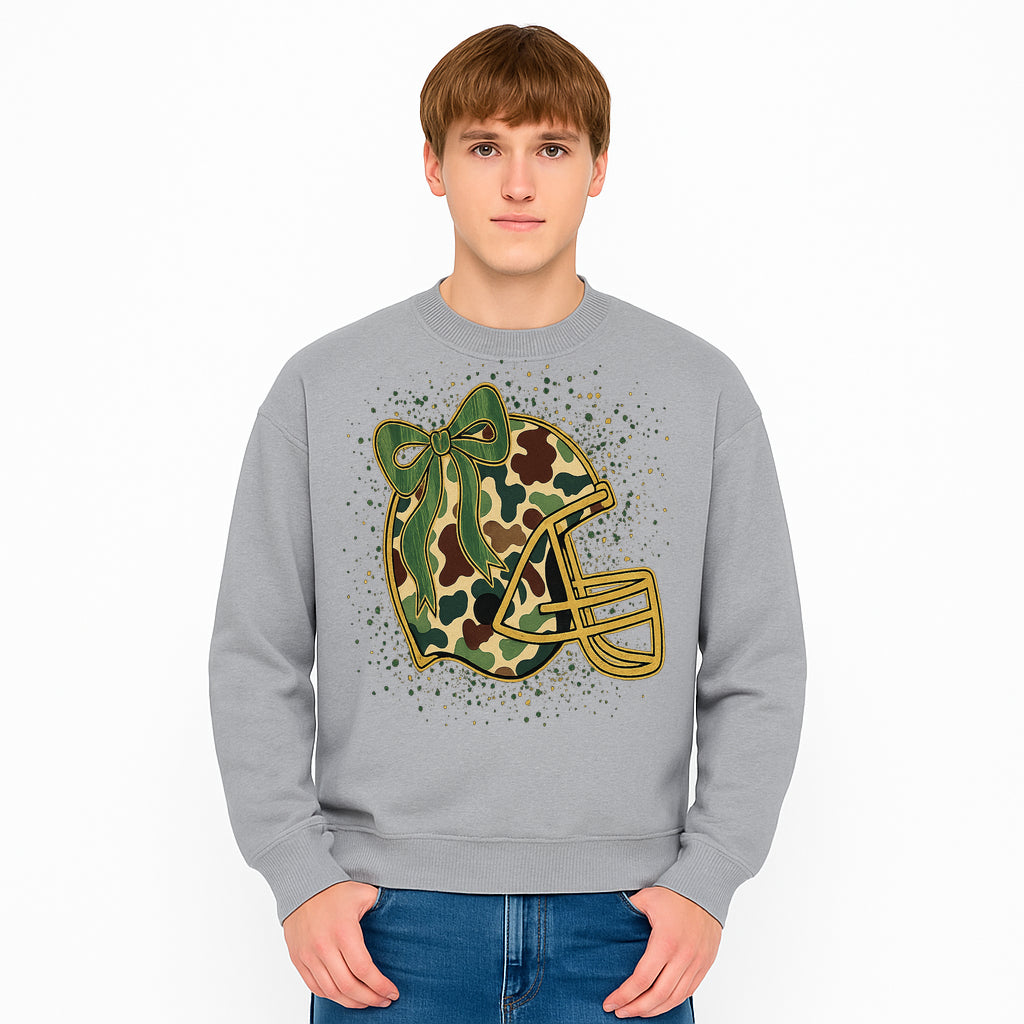 Camo Football Helmet with Bow Graphic Tee - Sports Apparel for Women, Cute Football Gift, Trendy Game Day Outfit - Sweatshirt 1758559982836.jpg