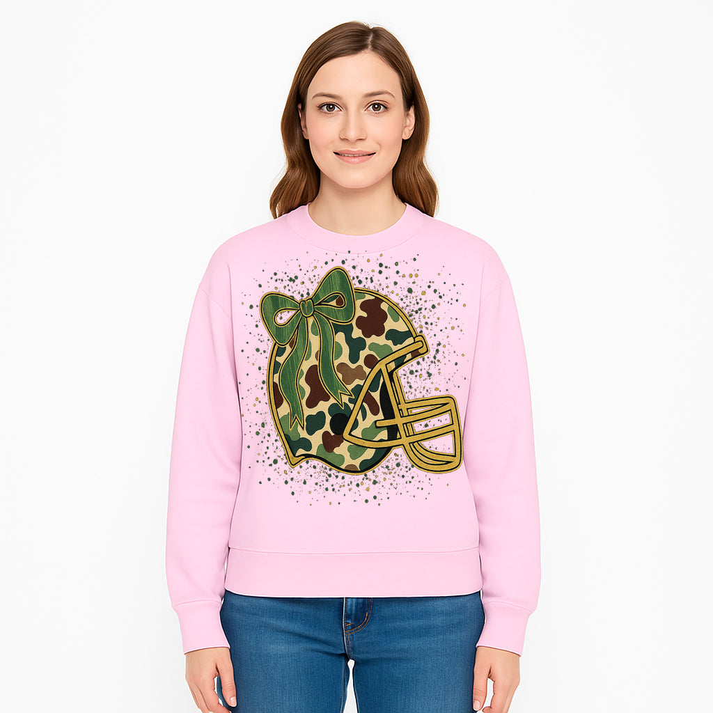 Camo Football Helmet with Bow Graphic Tee - Sports Apparel for Women, Cute Football Gift, Trendy Game Day Outfit - Sweatshirt 1758559982951.jpg