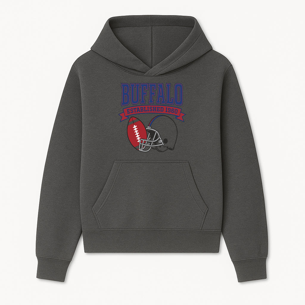 Buffalo Football Established 1960 Vintage Graphic Tee, Football Helmet & Ball Design, Sports Fan Apparel, Game Day Outfit - Hoodie 1758559986915.jpg