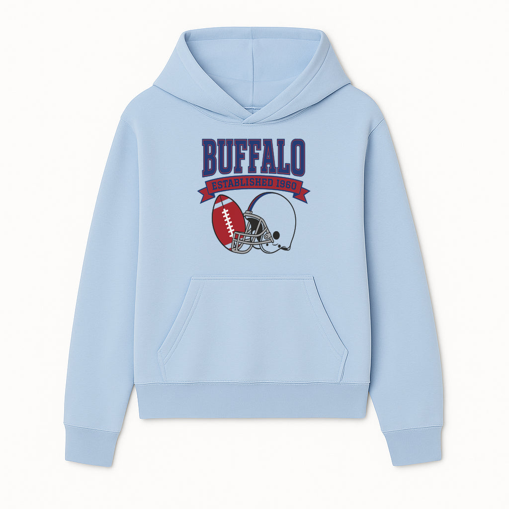 Buffalo Football Established 1960 Vintage Graphic Tee, Football Helmet & Ball Design, Sports Fan Apparel, Game Day Outfit - Hoodie 1758559987364.jpg