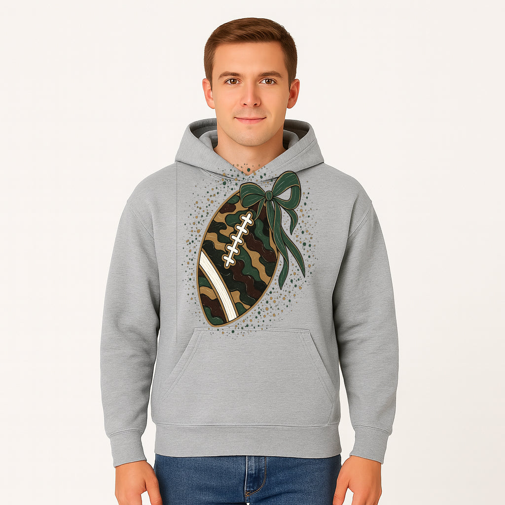 Camouflage Football with Bow Wrap - Fun Sports Decor, Rustic Wall Art, Perfect for Game Day, Gift for Football Lovers - Hoodie 1758559988563.jpg