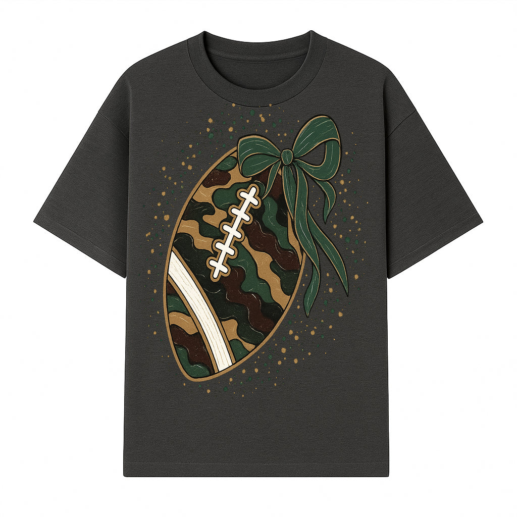 Camouflage Football with Bow Wrap - Fun Sports Decor, Rustic Wall Art, Perfect for Game Day, Gift for Football Lovers - T-shirt 1758559989241.jpg