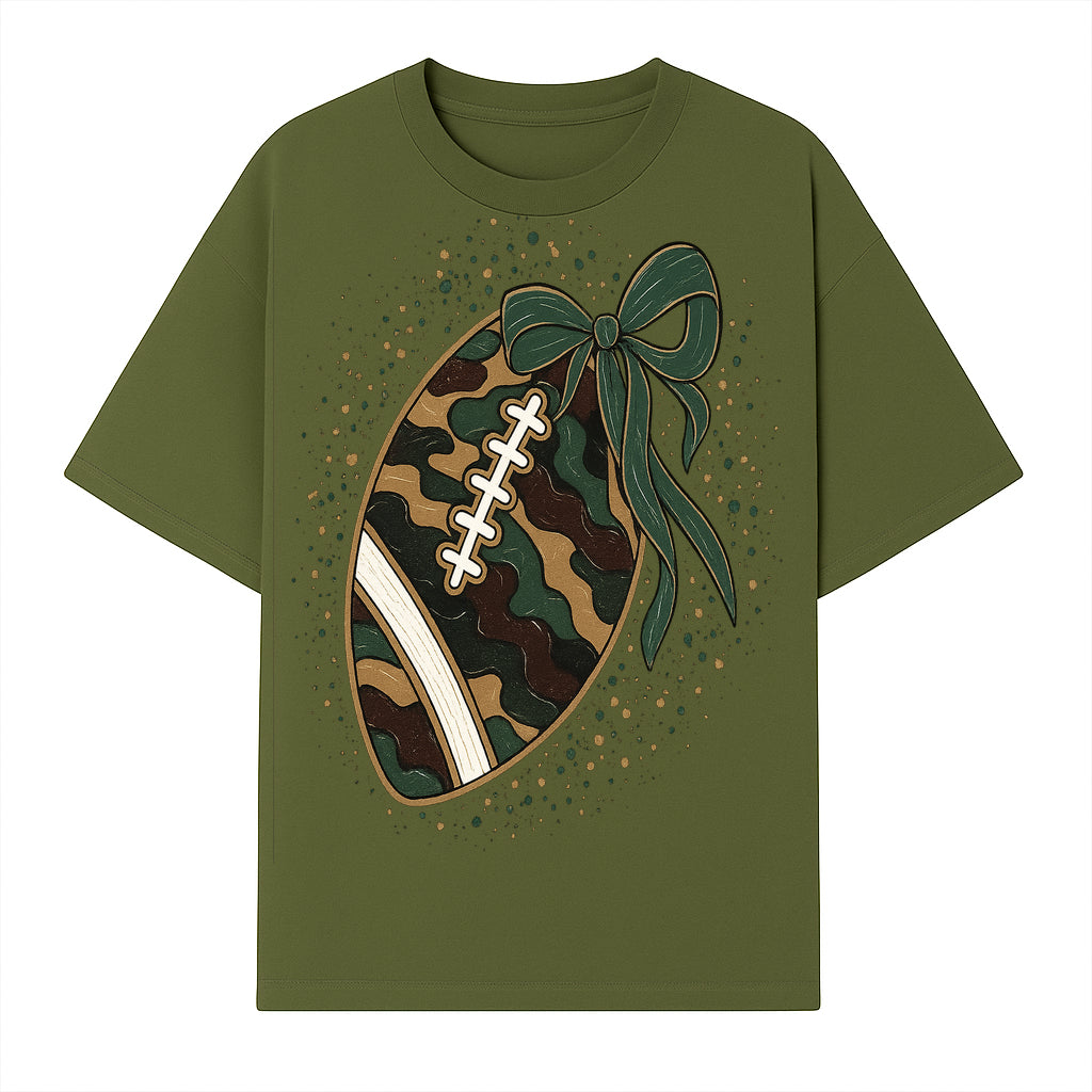 Camouflage Football with Bow Wrap - Fun Sports Decor, Rustic Wall Art, Perfect for Game Day, Gift for Football Lovers - T-shirt 1758559989370.jpg