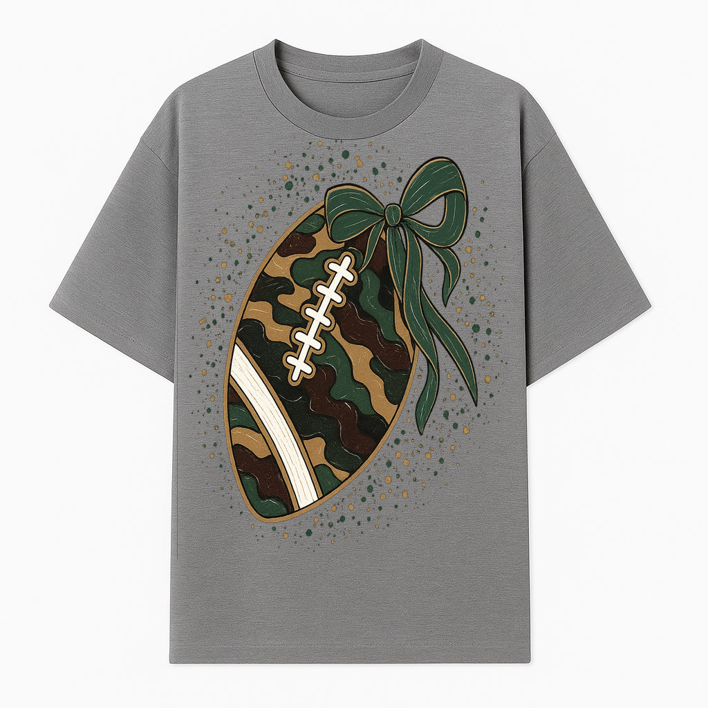 Camouflage Football with Bow Wrap - Fun Sports Decor, Rustic Wall Art, Perfect for Game Day, Gift for Football Lovers - T-shirt 1758559989501.jpg