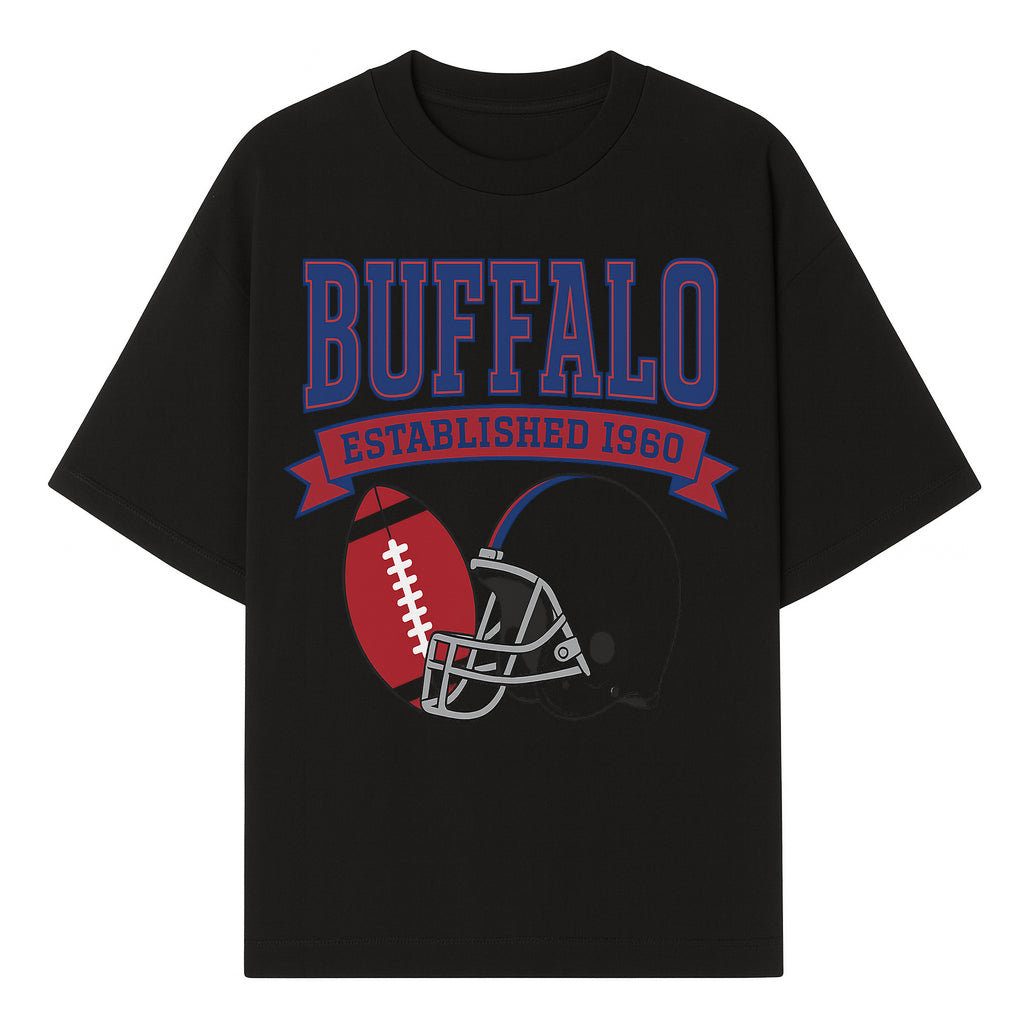 Buffalo Football Established 1960 Vintage Graphic Tee, Football Helmet & Ball Design, Sports Fan Apparel, Game Day Outfit - T-shirt 1758559989785.jpg