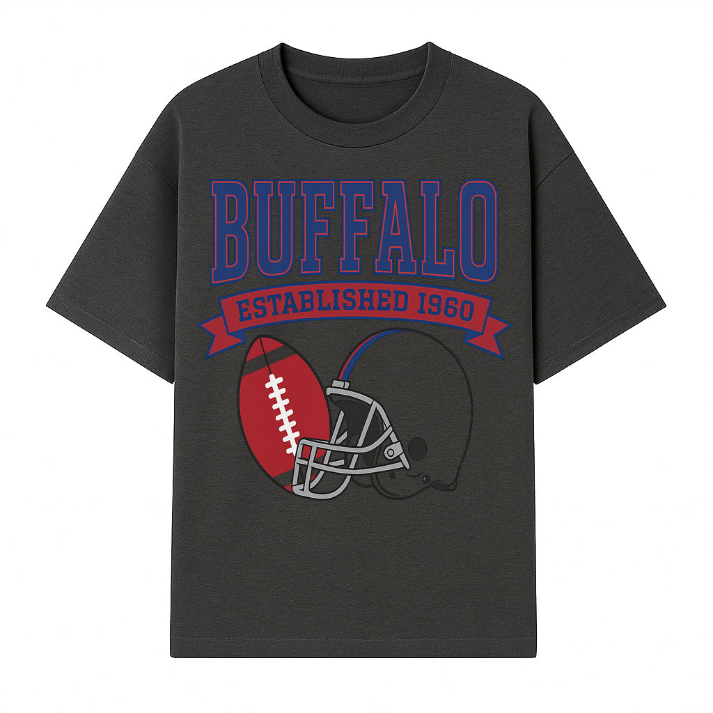Buffalo Football Established 1960 Vintage Graphic Tee, Football Helmet & Ball Design, Sports Fan Apparel, Game Day Outfit - T-shirt 1758559989917.jpg