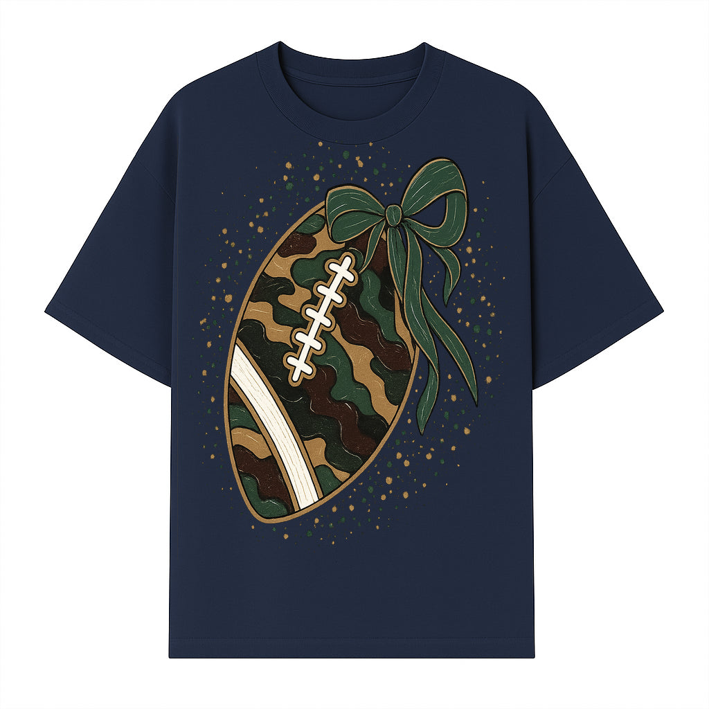Camouflage Football with Bow Wrap - Fun Sports Decor, Rustic Wall Art, Perfect for Game Day, Gift for Football Lovers - T-shirt 1758559990035.jpg