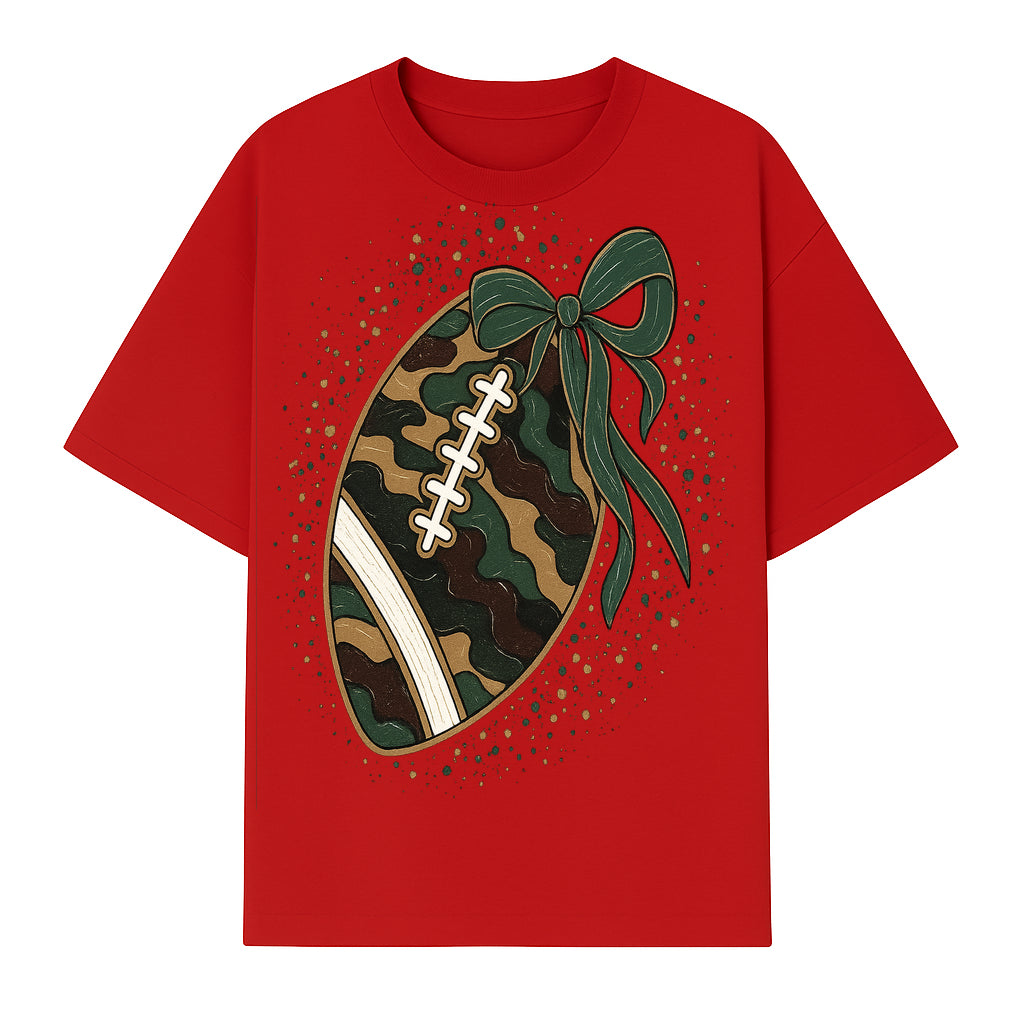 Camouflage Football with Bow Wrap - Fun Sports Decor, Rustic Wall Art, Perfect for Game Day, Gift for Football Lovers - T-shirt 1758559990157.jpg