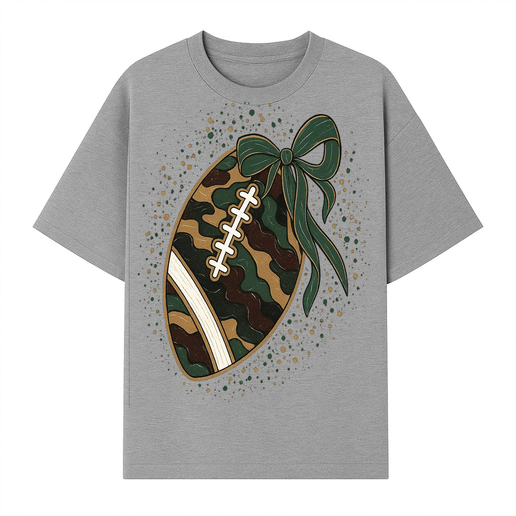 Camouflage Football with Bow Wrap - Fun Sports Decor, Rustic Wall Art, Perfect for Game Day, Gift for Football Lovers - T-shirt 1758559990300.jpg