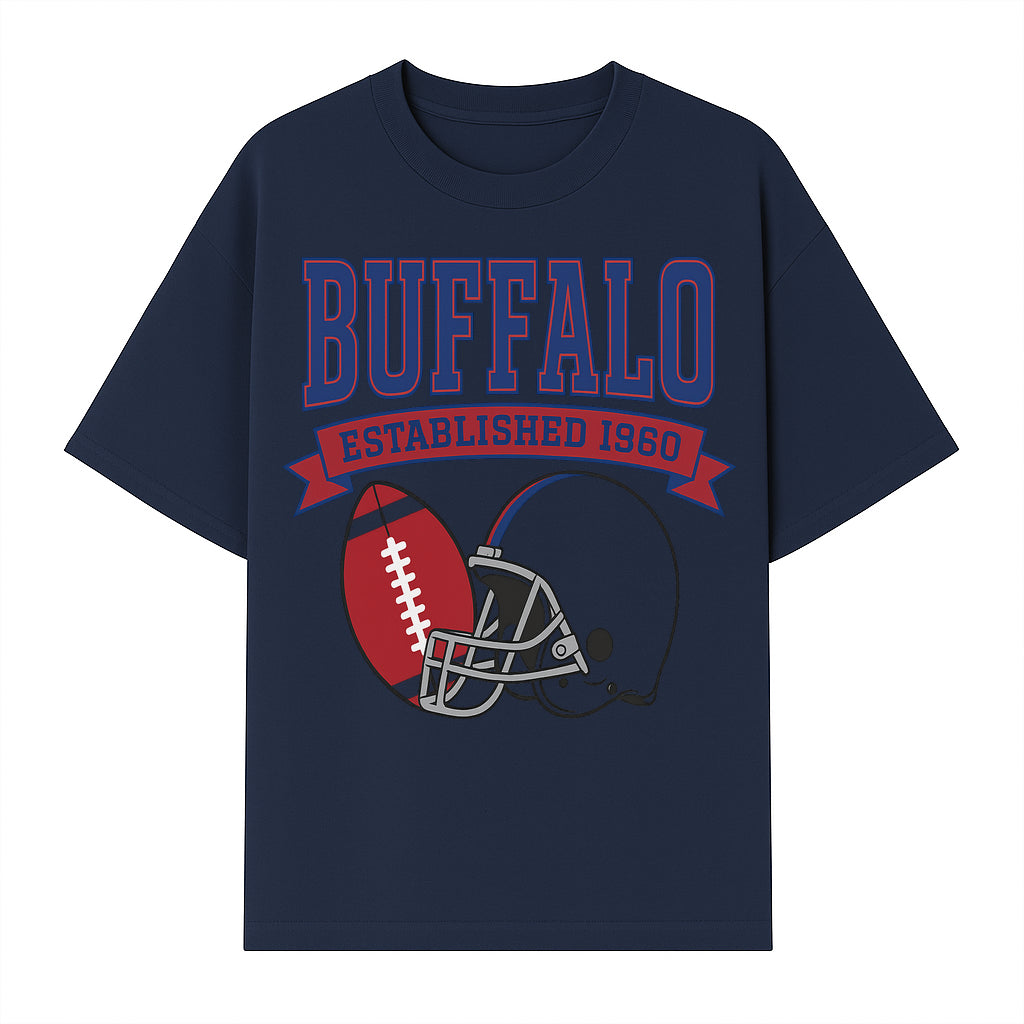 Buffalo Football Established 1960 Vintage Graphic Tee, Football Helmet & Ball Design, Sports Fan Apparel, Game Day Outfit - T-shirt 1758559990673.jpg