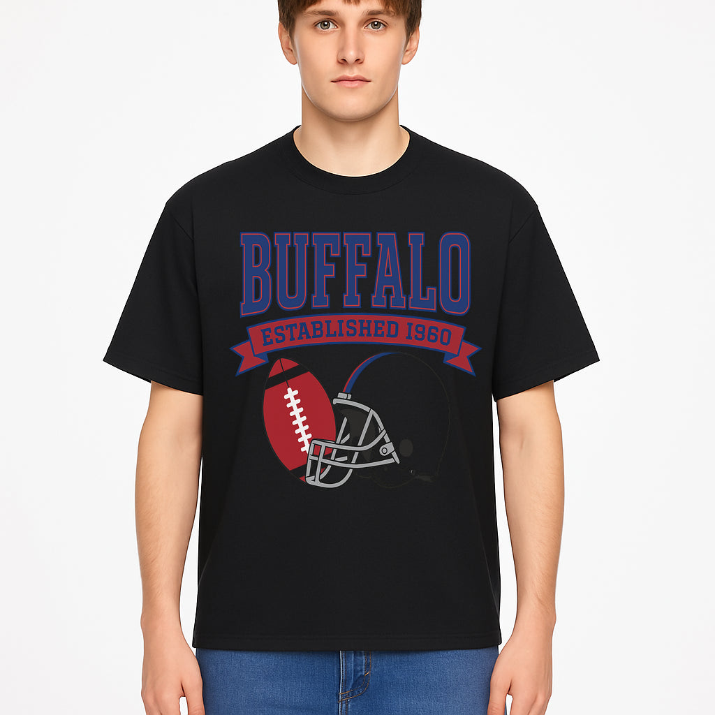 Buffalo Football Established 1960 Vintage Graphic Tee, Football Helmet & Ball Design, Sports Fan Apparel, Game Day Outfit - T-shirt 1758559992171.jpg