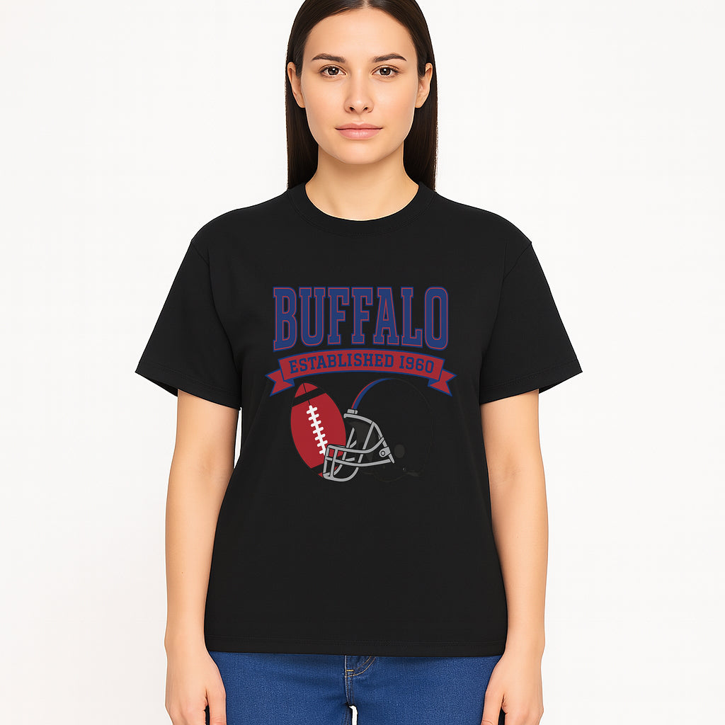 Buffalo Football Established 1960 Vintage Graphic Tee, Football Helmet & Ball Design, Sports Fan Apparel, Game Day Outfit - T-shirt 1758559992310.jpg