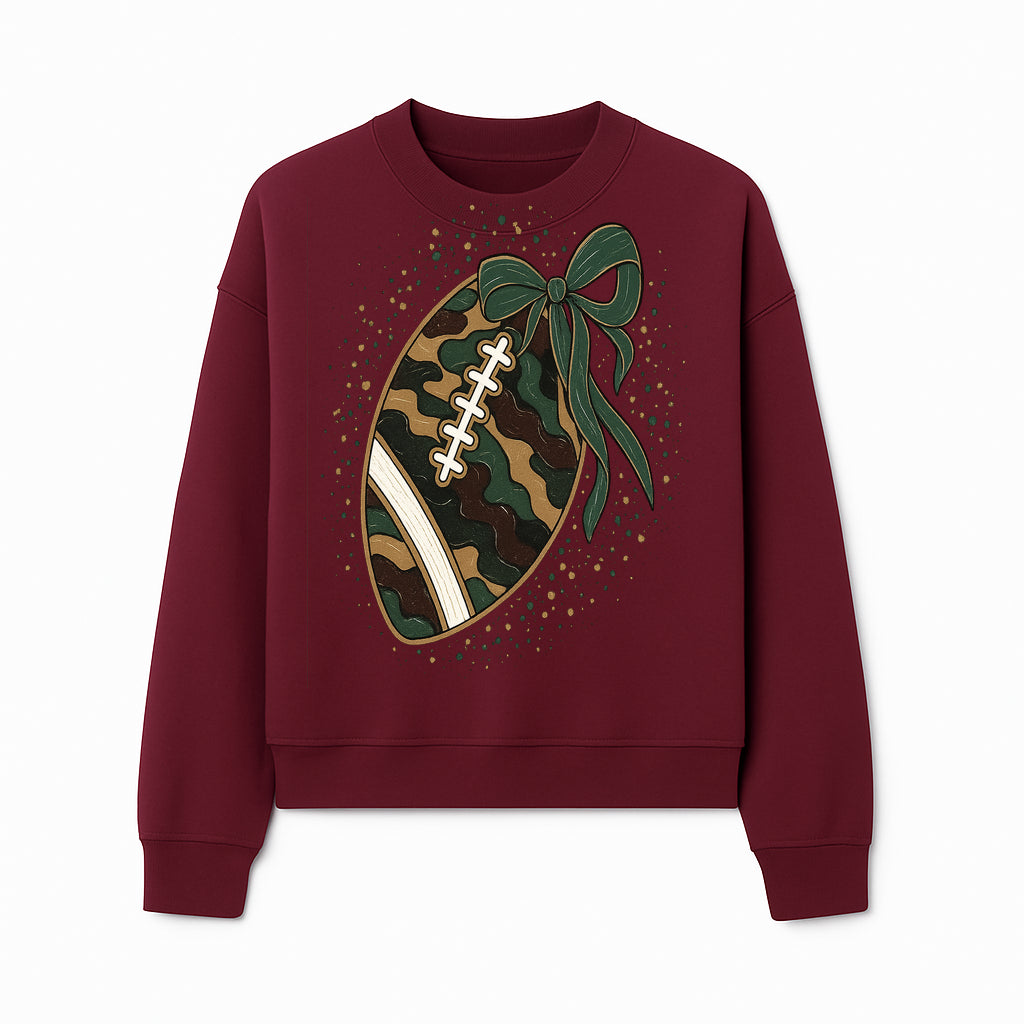 Camouflage Football with Bow Wrap - Fun Sports Decor, Rustic Wall Art, Perfect for Game Day, Gift for Football Lovers - Sweatshirt 1758559992698.jpg