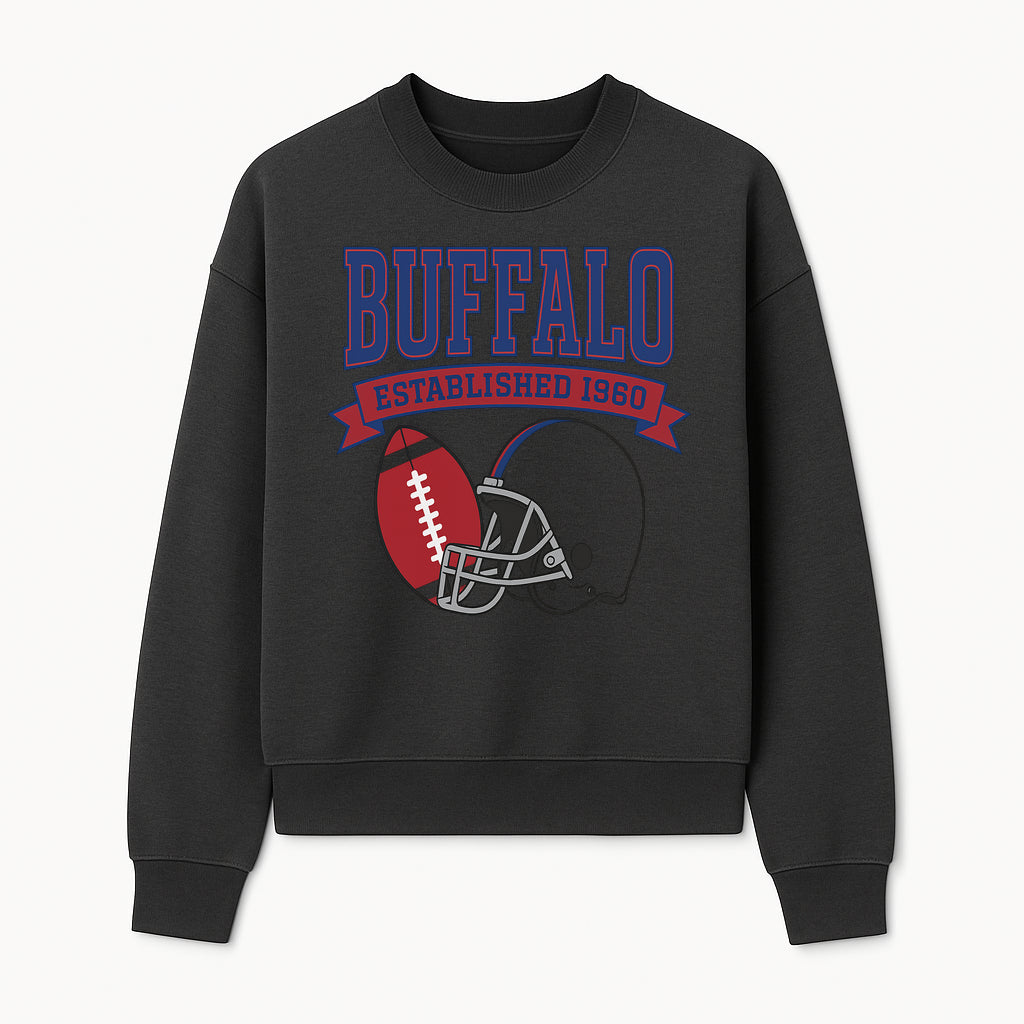 Buffalo Football Established 1960 Vintage Graphic Tee, Football Helmet & Ball Design, Sports Fan Apparel, Game Day Outfit - Sweatshirt 1758559992719.jpg