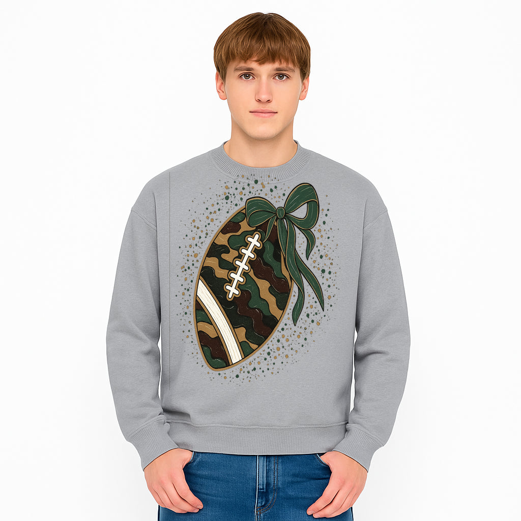 Camouflage Football with Bow Wrap - Fun Sports Decor, Rustic Wall Art, Perfect for Game Day, Gift for Football Lovers - Sweatshirt 1758559994340.jpg