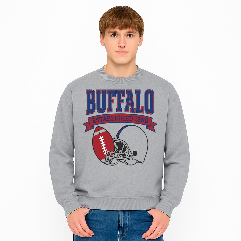 Buffalo Football Established 1960 Vintage Graphic Tee, Football Helmet & Ball Design, Sports Fan Apparel, Game Day Outfit - Sweatshirt 1758559994982.jpg