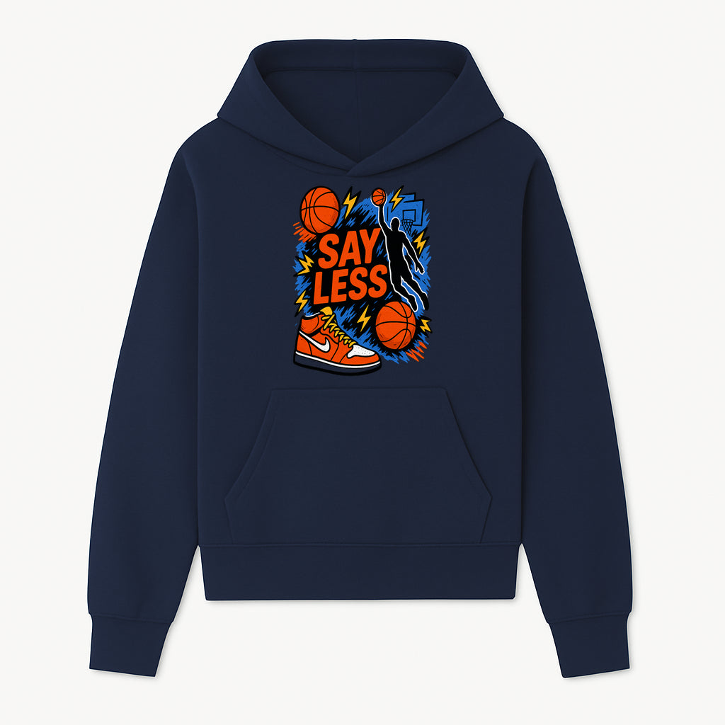Basketball Say Less Graphic Tee with Slam Dunk Design and Nike Sneaker Art, Perfect for Sports Fans and Streetwear Enthusiasts - Hoodie 1758681897044.jpg