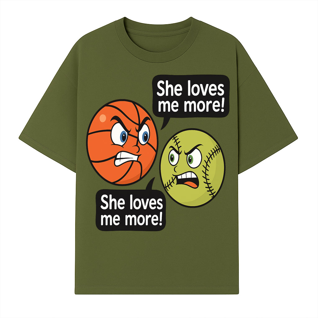 Funny Sports Rivalry Design: Basketball vs Softball 'She Loves Me More!' Cartoon Graphic Tee - T-shirt 1758681900461.jpg