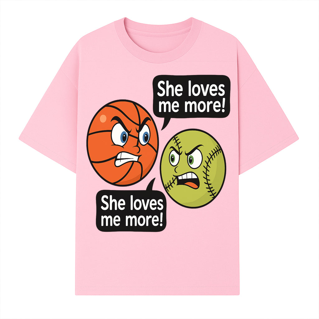 Funny Sports Rivalry Design: Basketball vs Softball 'She Loves Me More!' Cartoon Graphic Tee - T-shirt 1758681900866.jpg