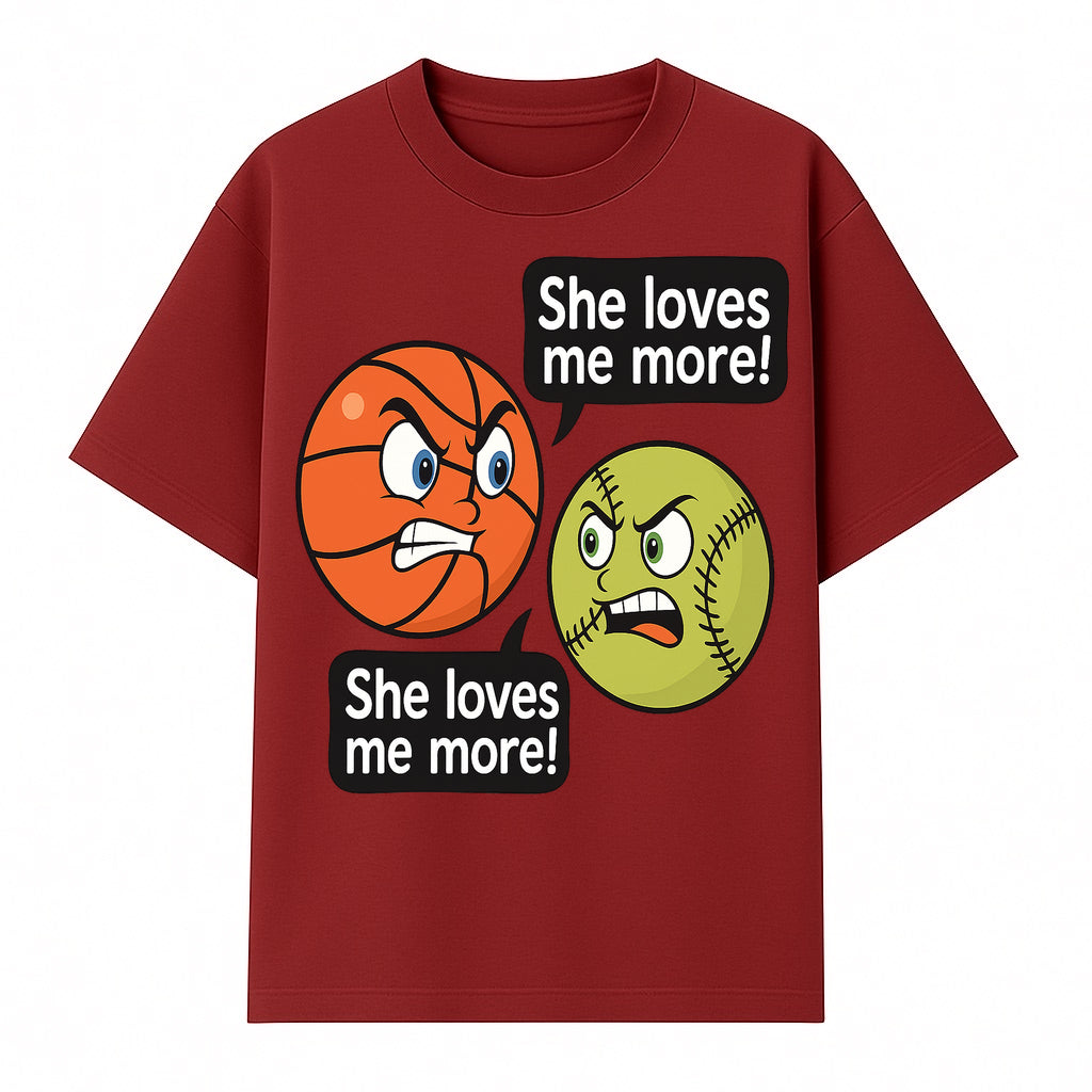Funny Sports Rivalry Design: Basketball vs Softball 'She Loves Me More!' Cartoon Graphic Tee - T-shirt 1758681900992.jpg