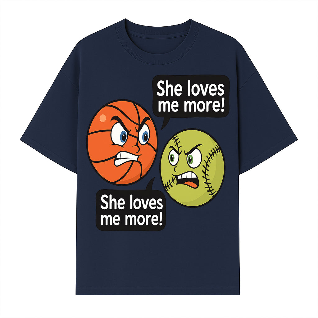 Funny Sports Rivalry Design: Basketball vs Softball 'She Loves Me More!' Cartoon Graphic Tee - T-shirt 1758681901105.jpg