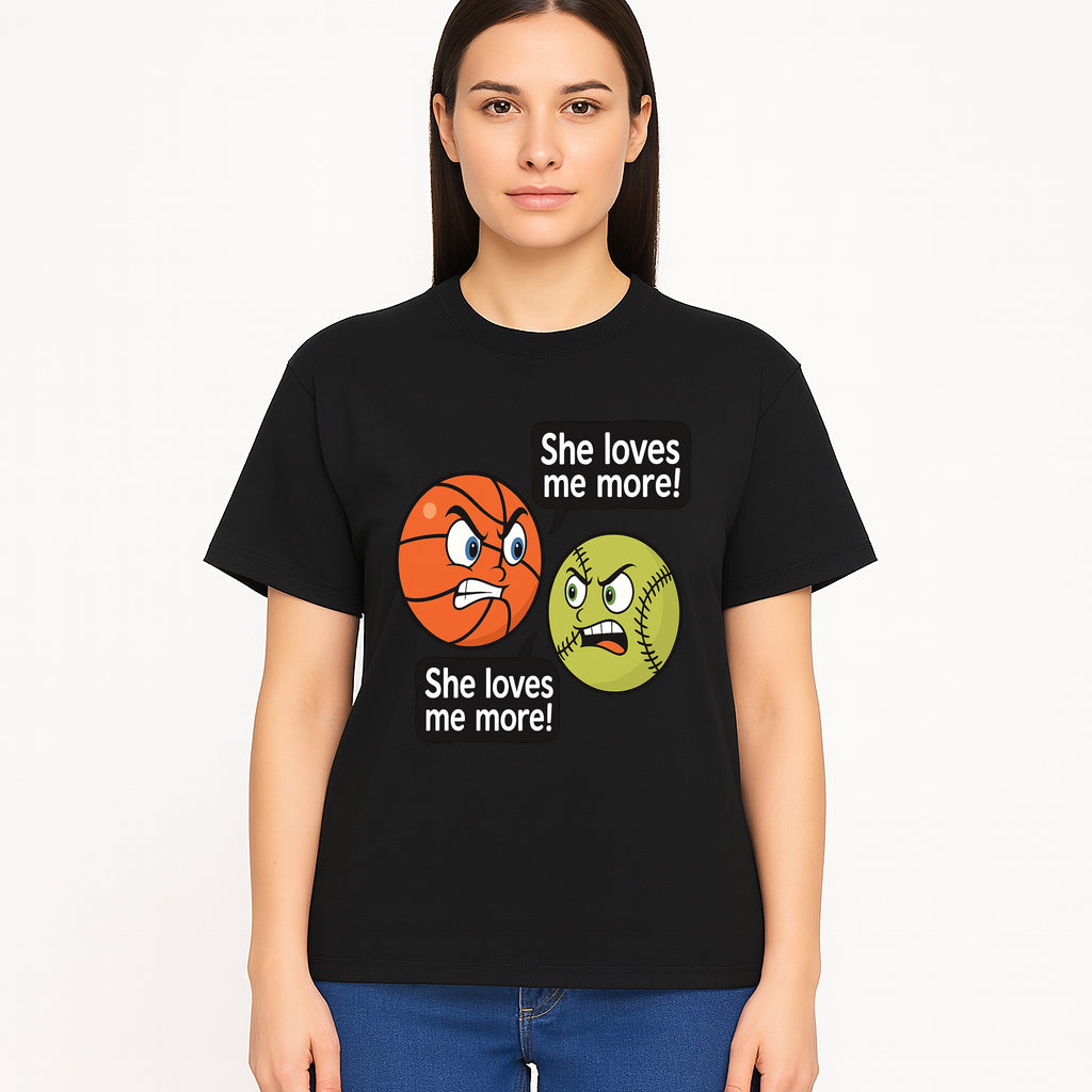 Funny Sports Rivalry Design: Basketball vs Softball 'She Loves Me More!' Cartoon Graphic Tee - T-shirt 1758681902730.jpg