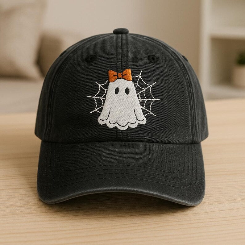 Halloween Ghost Hat Embroidered Cap With Orange Bow Flowers And Spider Web Accents 1759219452295.jpg