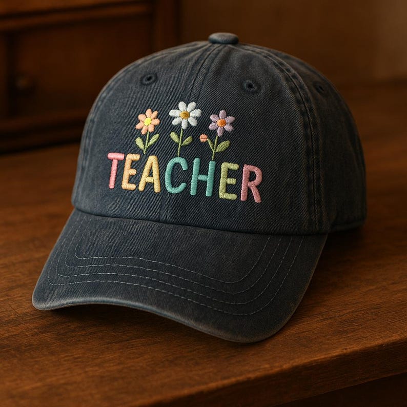 Custom Teacher Embroidered Hat With Colorful Flowers Washed Vintage Baseball Cap Gift 1759220058820.jpg