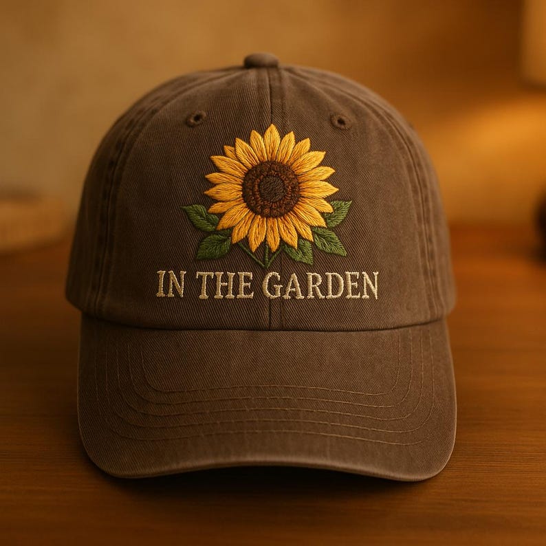 Sunflower Embroidered Hat  In The Garden Dad Cap  Brown Washed Cotton Baseball Cap  Gardener Gift 1759222672606.jpg