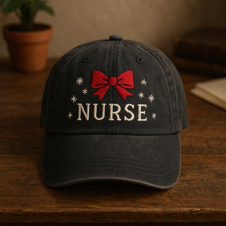 Christmas Nurse Hat Embroidery Embroidered Washed Cap With Red Bow And Snowflakes Holiday Gift For Nurses 1759224617447.jpg