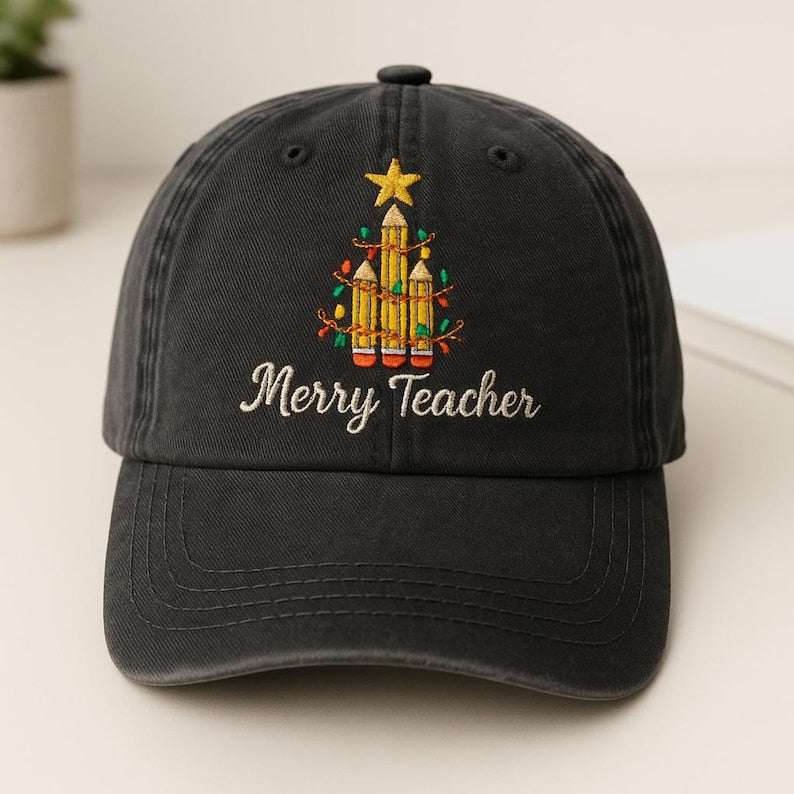 Merry Teacher Hat Embroidered Christmas Cap With Pencil Tree And Holiday Lights 1759225444061.jpg