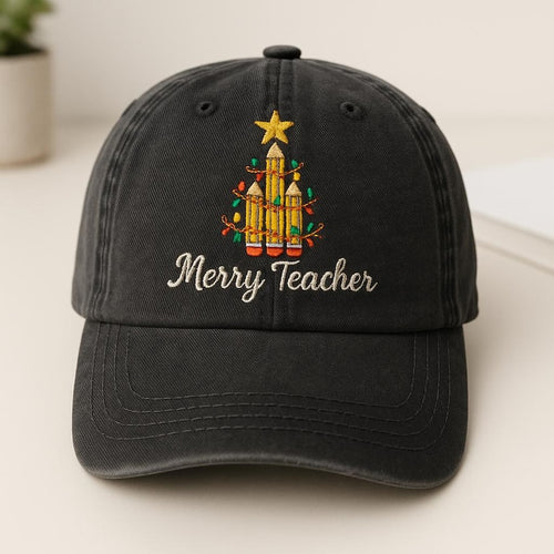 Merry Teacher Hat Embroidered Christmas Cap With Pencil Tree And Holiday Lights 1759225444061.jpg