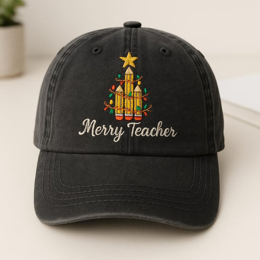 Merry Teacher Hat Embroidered Christmas Cap With Pencil Tree And Holiday Lights 1759225444061.jpg