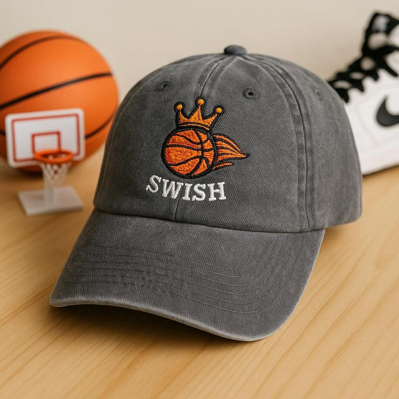Embroidered Swish Dad Cap Basketball Fire Crown Washed Hat Hoops Game Day Gift Streetwear Sports Cap 1759290226298.jpg