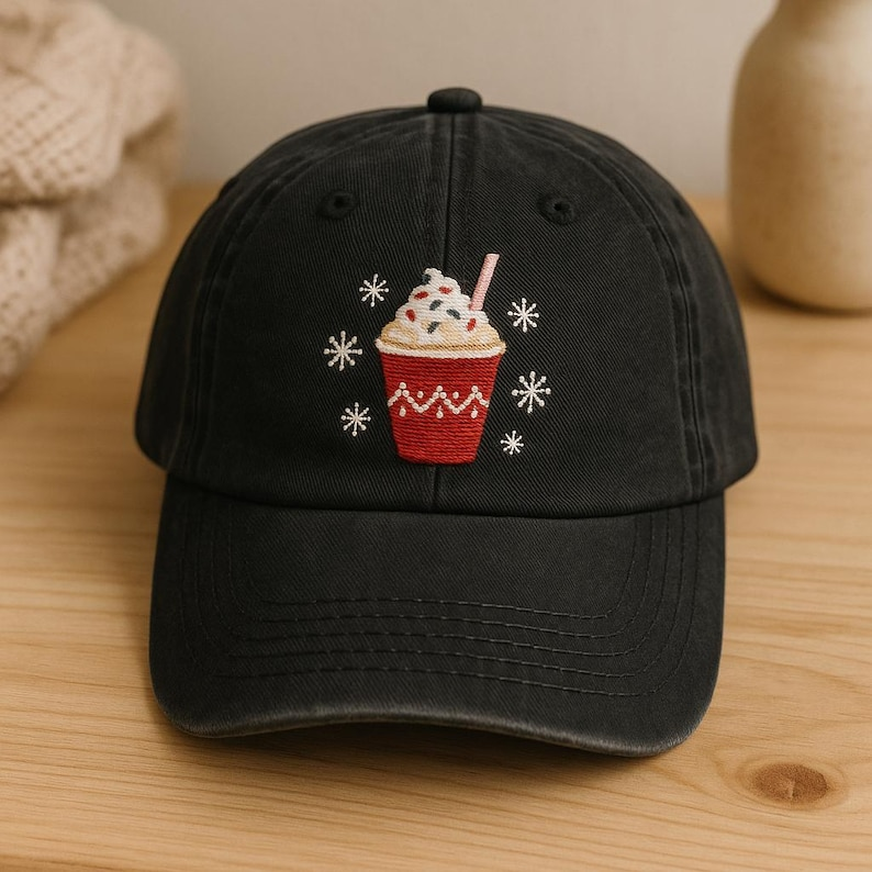 Christmas Drink Hat Embroidered Holiday Cap With Festive Cup And Snowflakes 1759376089757.png