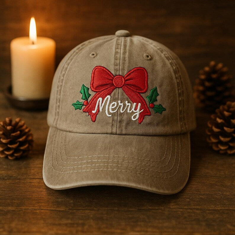 Embroidered Christmas Baseball Cap With Red Bow Holly Leaves And Merry Text Festive Holiday Hat Gift 1759377866664.jpg