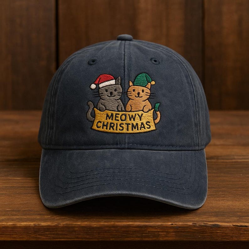 Meowy Christmas Cat Embroidered Hat Holiday Baseball Cap With Two Festive Cats And Text Funny Cat Lover Gift Embroidered Dad Hat 1759378243314.jpg