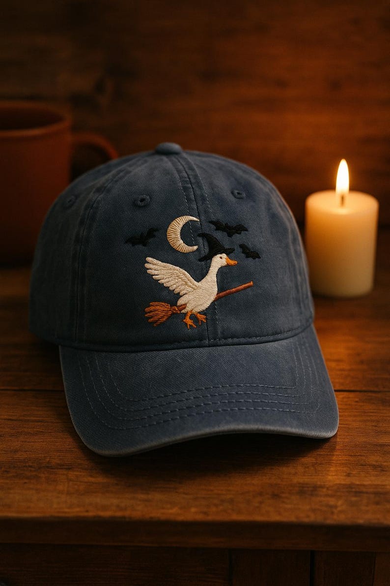 Witch Goose Embroidered Halloween Hat Funny Duck Riding Broomstick Baseball Cap Spooky Cute Unisex Autumn Gift Dark Academia Washed Hat 1759389253524.jpg