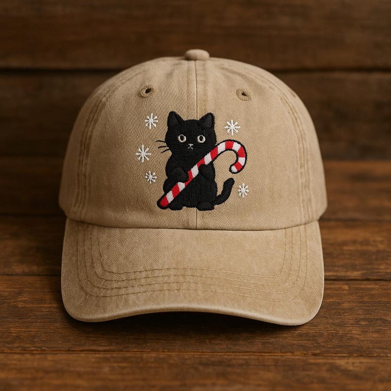 Christmas Embroidered Hat Black Cat With Candy Cane Holiday Baseball Cap Cute Cat Lover Gift Festive Embroidered Dad Hat 1759398391960.jpg