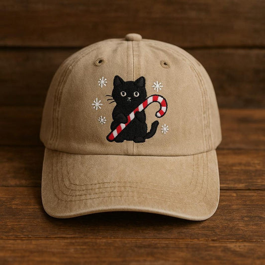 Christmas Embroidered Hat Black Cat With Candy Cane Holiday Baseball Cap Cute Cat Lover Gift Festive Embroidered Dad Hat 1759398391960.jpg