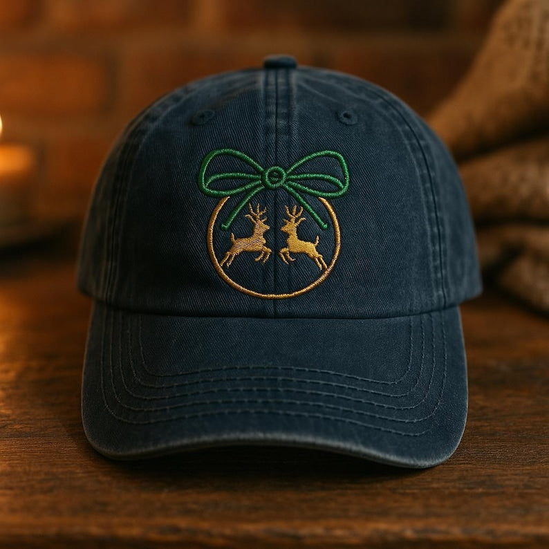Embroidered Reindeer Ornament Hat Holiday Green Bow Baseball Cap Festive Winter Unisex Dad Hat Christmas Deer Seasonal Gift 1759458144936.jpg