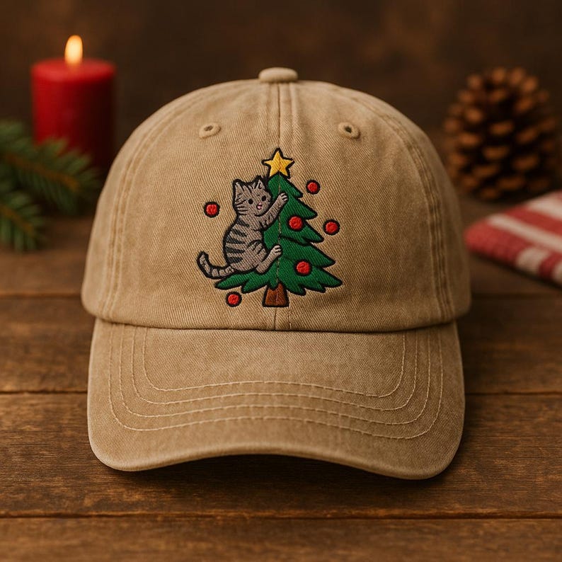 Christmas Tree Cat Embroidered Hat Holiday Baseball Cap With Playful Cat Climbing Christmas Tree Festive Embroidery Gift For Cat Lovers 1759464829413.jpg