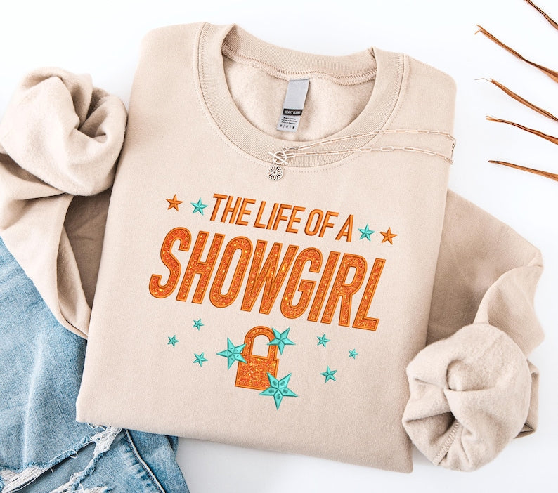 Life Of A Showgirl Sweatshirt For Fan Embroidered Orange Glitter Shirt Showgirl Shirt For Concert Showgirl Era Shirt Gift For Her 1759485363910.jpg