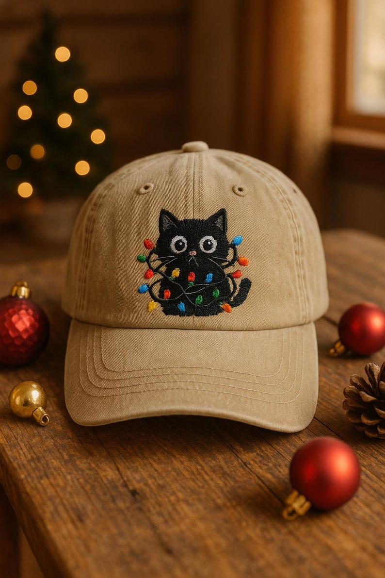 Embroidered Christmas Hat Black Cat Tangled In Holiday Lights Cute Cat Lover Gift 1759486577667.jpg