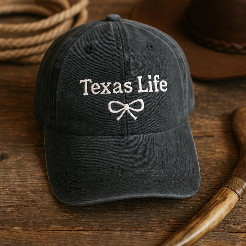 Embroidered Texas Life Dad Cap Bow Design Hat Vintage Wash Cap Cute Texas Girl Gift Southern Lifestyle Accessory Aesthetic Cap 1759806610558.jpg